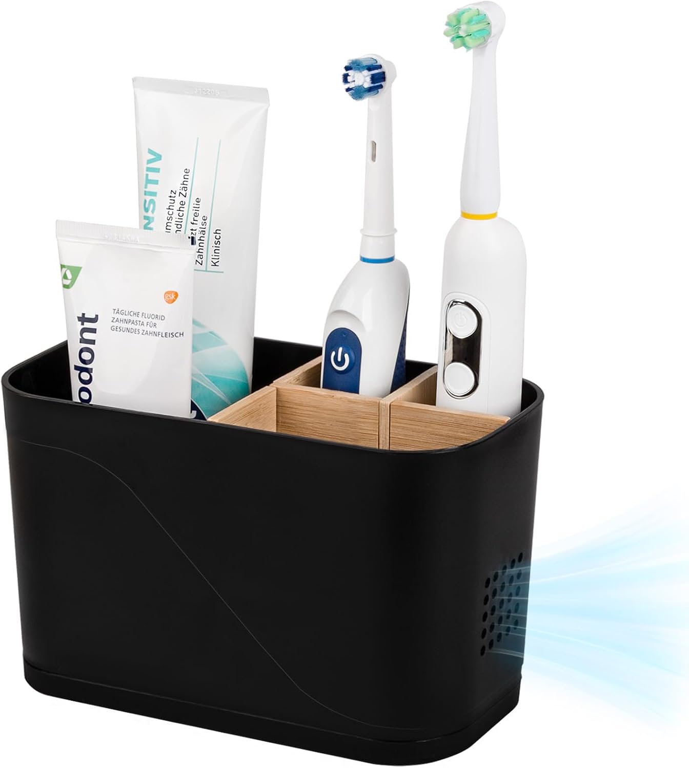Electric Toothbrush Holder Tooth Brush and Toothpaste Organizer, Black | 3 Slots, Drainage Holes, Removable Bamboo Divider, Ventilation Design, Space-Saving, for Bathroom Countertop, Shower, Vanity