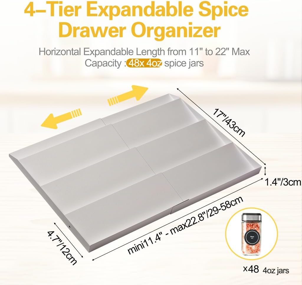 GOENDR Metal Spice Drawer Organizer, 4-Tier Spice Rack for Drawer, Expandable Seasoning Organizer Fits 11.4-22.8” Wide Drawer, Holds up to 48 Spice Jars (Not Included), Black