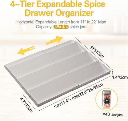 GOENDR Metal Spice Drawer Organizer, 4-Tier Spice Rack for Drawer, Expandable Seasoning Organizer Fits 11.4-22.8” Wide Drawer, Holds up to 48 Spice Jars (Not Included), Black