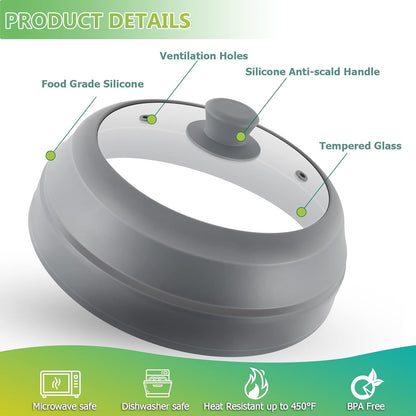 Microwave Splatter Cover for Food,10.5 Inch Collapsible Silicone and Glass Cover Splatter Guard Lid, Microwave Cover with Steam Vent,Food Grade,Dishwasher Safe