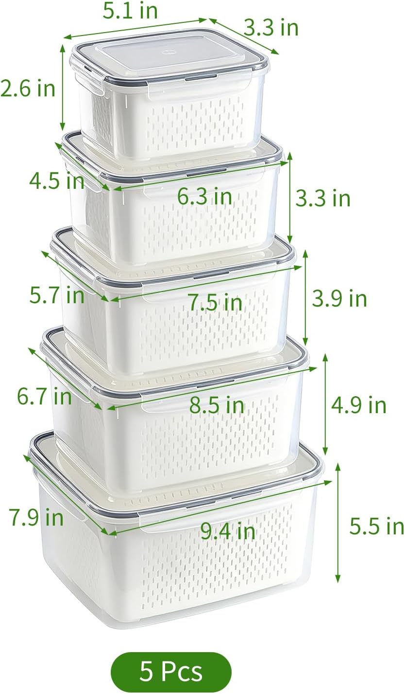 5 Pack Fruit Storage Containers for Fridge, Leakproof Plastic Bins with Removable Drain Colander, Stackable Produce Saver for Fresh Berry Lettuce Vegetable and Meat Storage
