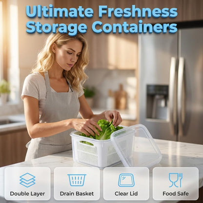 Fruit Containers for Fridge with Colanders (2, 750ml + 1500ml) | Food Storage Containers with Lids