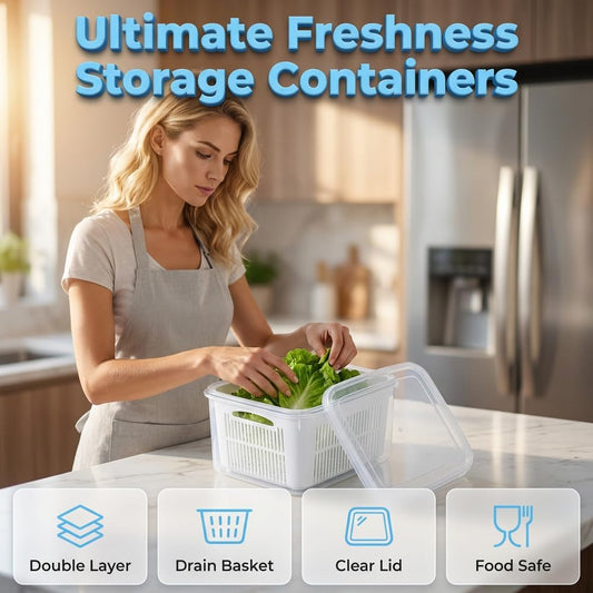 Fruit Containers for Fridge with Colanders (2, 750ml + 1500ml) | Food Storage Containers with Lids