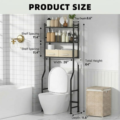 GloTika 3-Tier Over Toilet Storage, Anti-Tilt, 64" H, Black | Anti-Tilt Safety System, 150lb Capacity, Carbon Steel, Freestanding, No Drilling, Anti-Rust Coating, Paper Holder & 4 Hooks