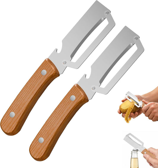 2 Packs Multi-Functional Vegetable Peeler for Kitchen with Wooden Handle and Bottle Opener, Ultra-Sharp Stainless Steel Blade Kitchen Tool for Veggie, Fruit, Potato, Carrot, Apple, Pumpkin, Papaya