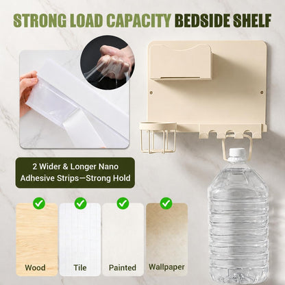 Floating Bedside Wall Shelf, Metal Bedside Wall Organizer with Detachable Cup Holder, No Drill Wall Mounted Storage for Bedroom, Dorm, Loft Bed, Bunk Bed & Small Space Organization