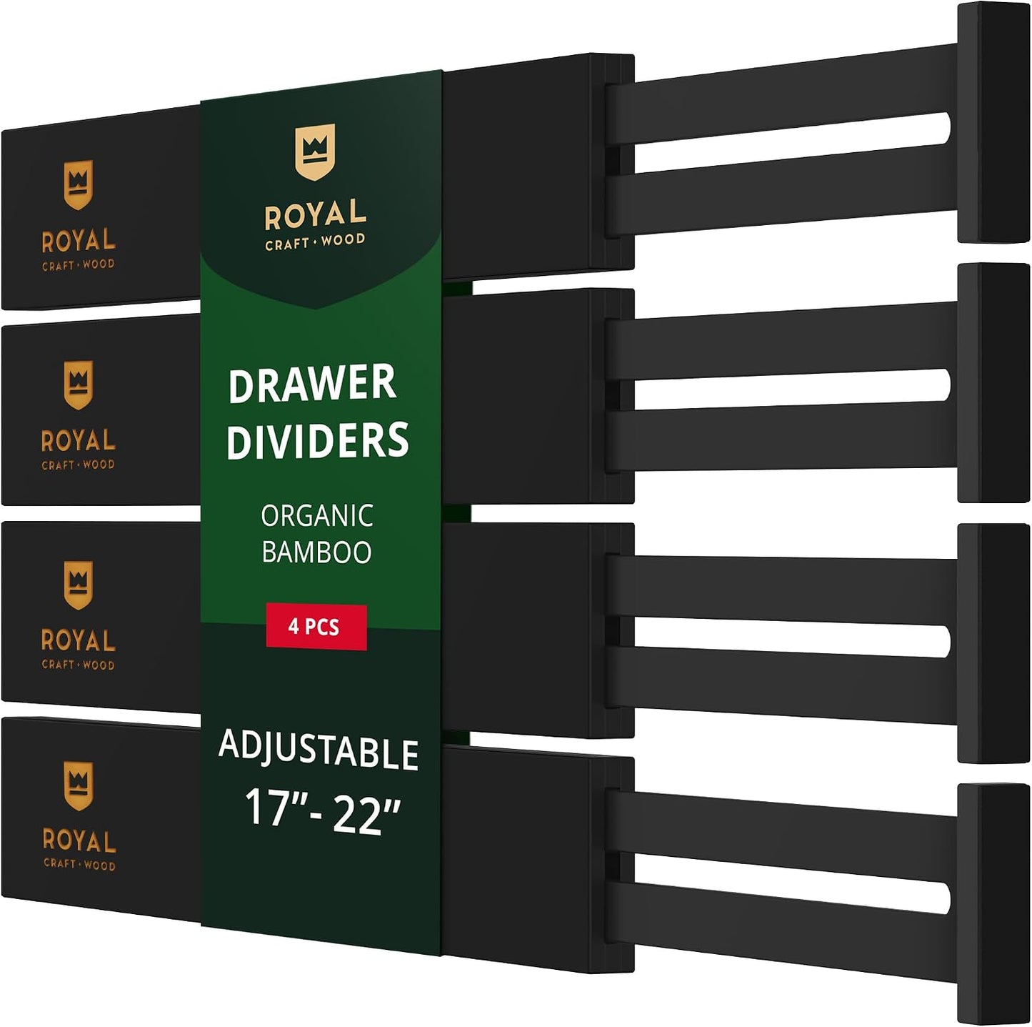 Bamboo Drawer Dividers Organizers, Adjustable Drawer Separator Splitters, 17–22 Inches Expandable Drawer Divider Organizer for Large Utensils, Kitchen, Bedroom, Dresser & Office Drawers 4-Pack