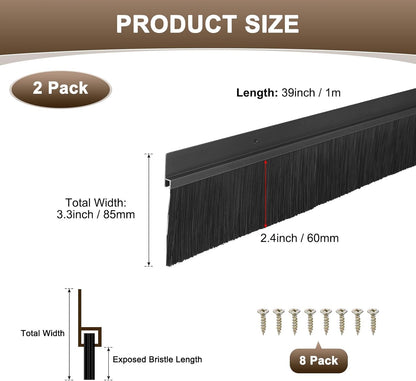 M METERXITY 2Pack Door Sweep - 39" Door Bottom Brush Heavy Duty Seal Draft Stopper Aluminum Base with 20mm Brush, Adhesive/Screw Installation for Interior/Exterior/Garage/Sliding Doors, Black