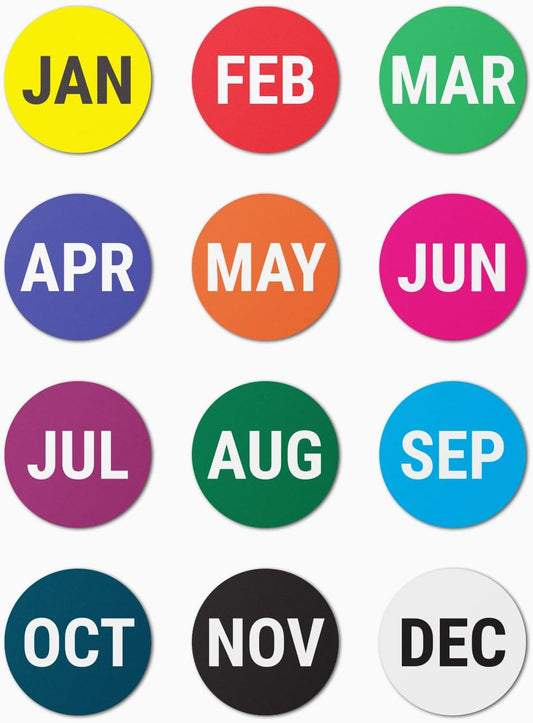 Months of The Year Labels (1 inch, Round, Assorted Colors - 300 Labels) Circle Dot Jan to Dec Stickers for Restaurants, Delis, Grocery Stores, Food Packaging, or Pharmacies