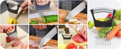 Onion Holder & Lemon Slicer Cutter Tool – Stainless Steel Vegetable & Fruit Slicing Assistant for Easy, Safe Cutting (Silver)