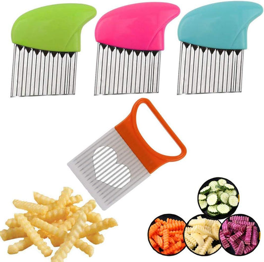 Crinkle Cut Knife set, 1 Fork Slicing Helper 3 Stainless Steel Crinkle Cutter, Fruit And Vegetable Wavy Chopper Knife, Potato Cutter Onion Cutter Fren