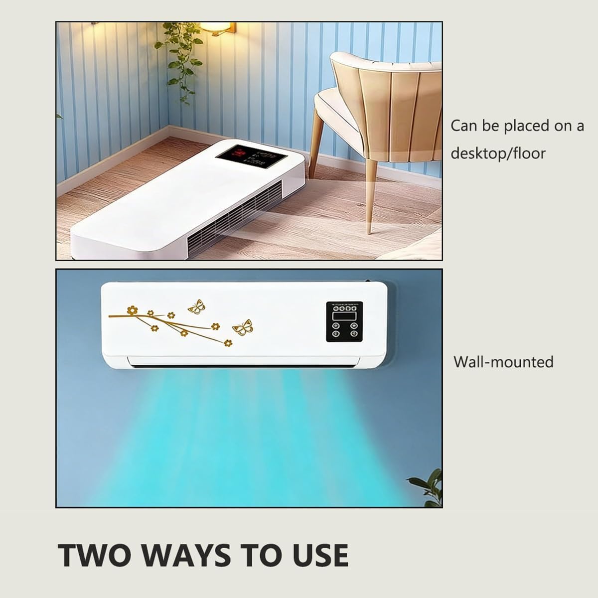 Multifuntional 2 in 1 Wall Mounted Heating System for Bathroom Office Rv Garage, Cooling and Heating Mini Air Conditioner Fan, Quiet 110v Smart Ac Fan Heater Yellow 21.26inx4.92inx7.87in