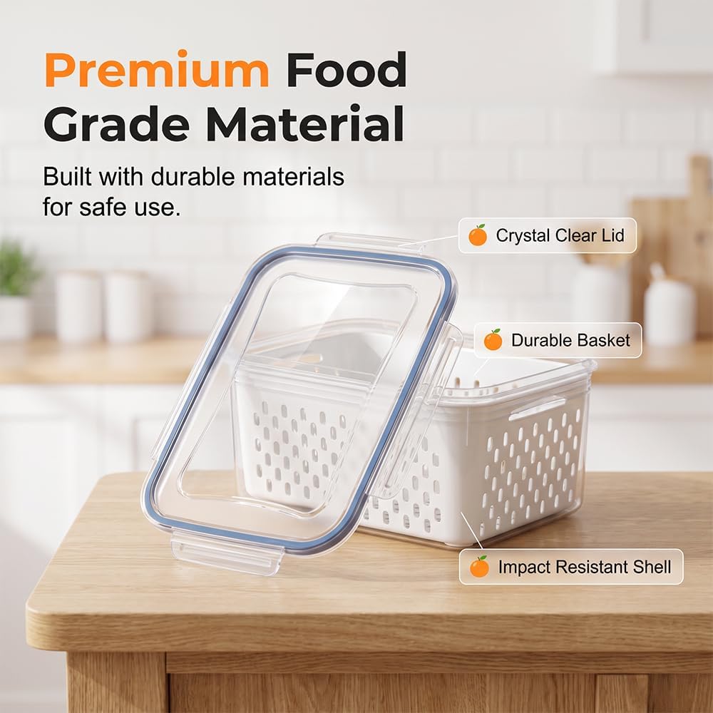 Fruit Storage Containers for Fridge, Leakproof Produce Containers with Colanders & Lids, Refrigerator Organizers and Storage for Berry Vegetable Salad Lettuce Meat Food, Blue, S+M+L