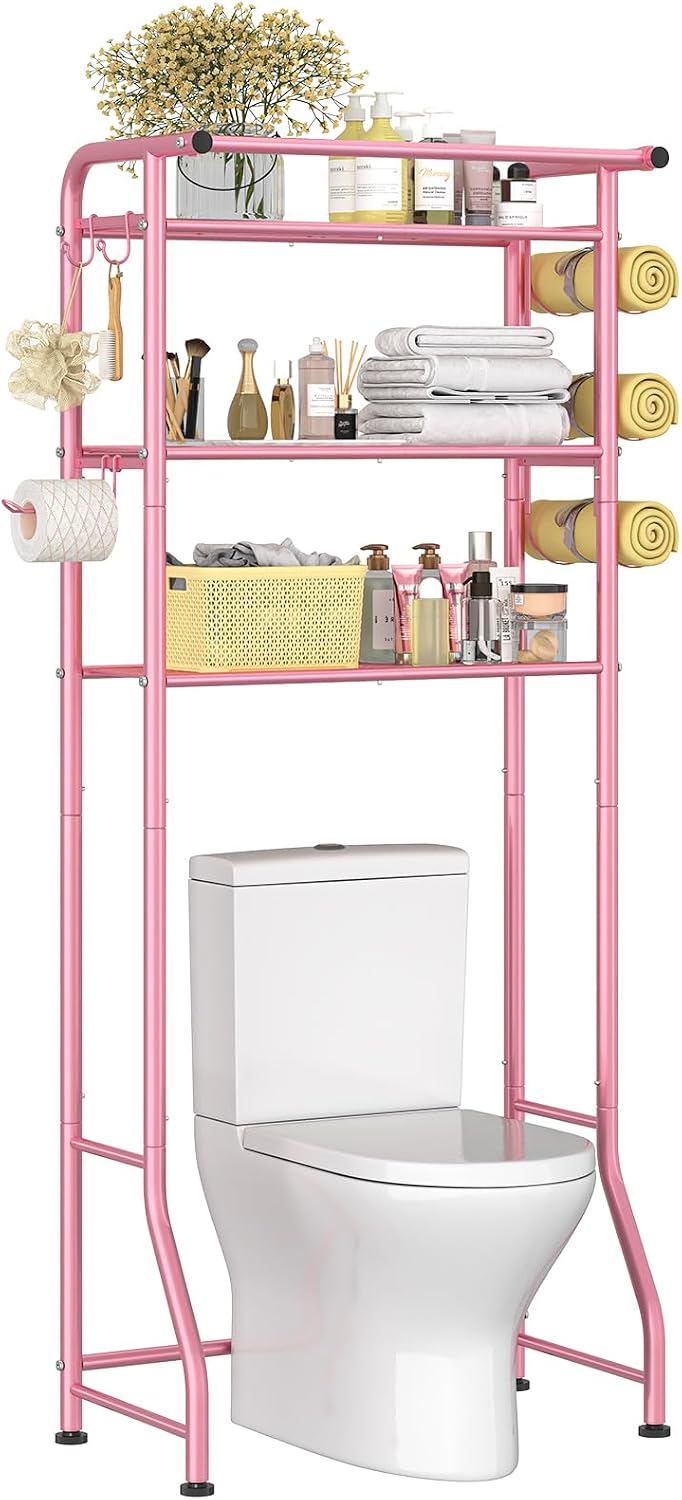 Simple Trending Over The Toilet Storage Cabinet, Metal Bathroom Shelf Organizer with Paper Holder and Hooks, 3 Tier, Black