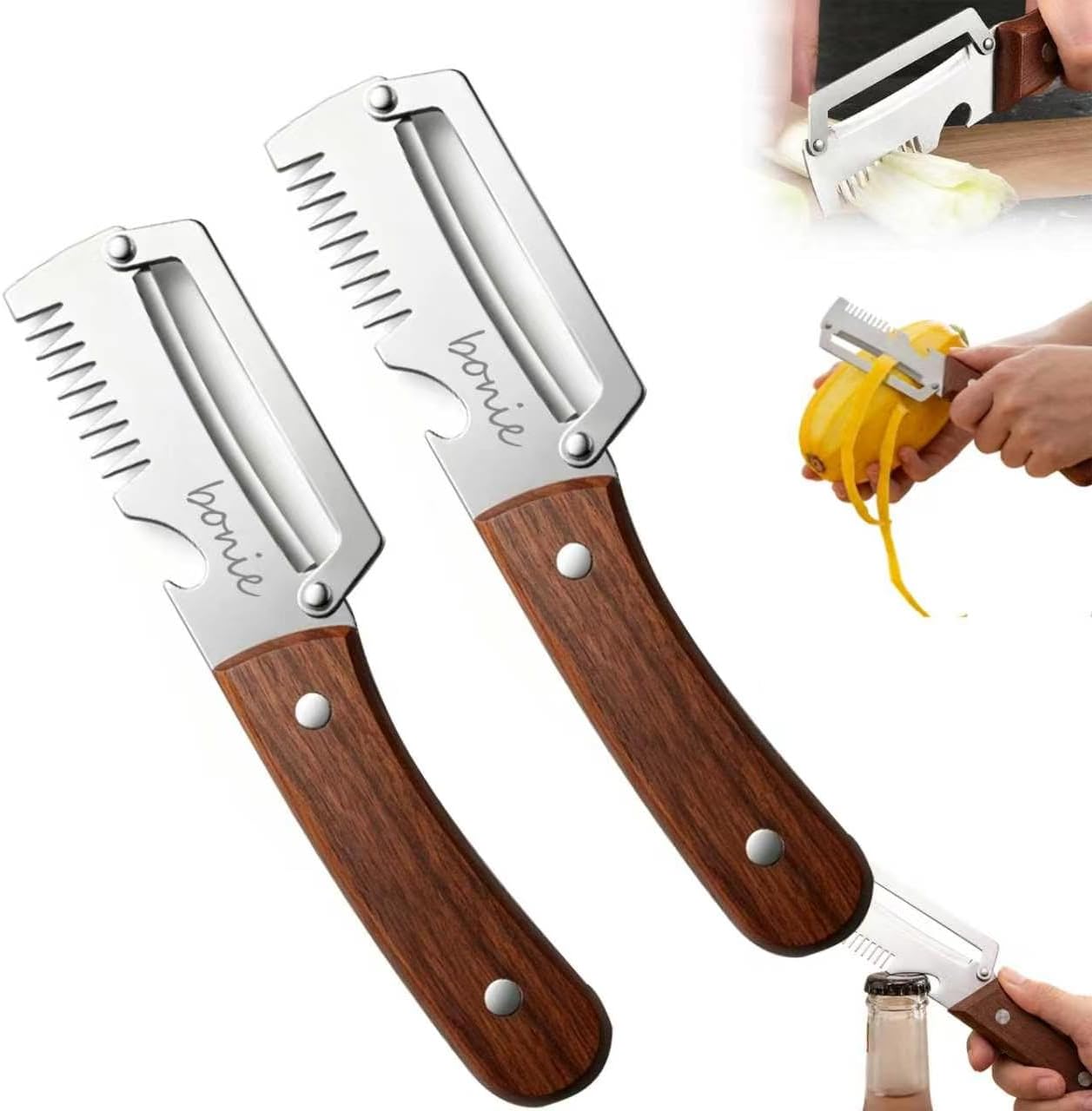 Multi-Functional Stainless Steel Thickened Fruit Peeler Knife, 2026 New 3 in 1 Stainless Steel Blade Peeler for Kitchen with Wooden Handle and Bottle Opener for Vegetable & Fruit (MIX, 2PCS)