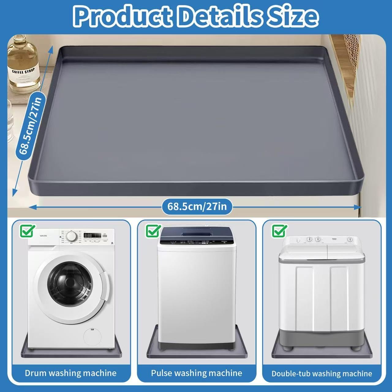 Washing Machine Drain Pan Silicone mat 27"x27" with 0.79" Raised Edges, Leak-Proof Silicone Mat, Non-Slip Waterproof Floor Protector for Washer Dryer (Grey)