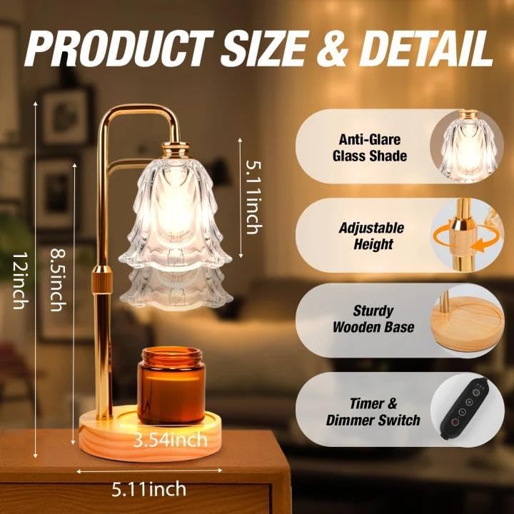 Candle Warmer Lamp with Timer and Dimmer, Electric Wax Warmers for Scented Candles with 5 Brightness Settings, Anti-Glare Lamp with Adjustable Height, Home Decor, Gift for Birthday, Valentines