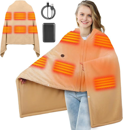 Heated Blanket Battery Operated with Fleece Lining 7.4V 16000mAh Battery 62" x 35" Heated Shawl Wraps for Women Men Cordless USB Outdoor Portable Electric Blanket 6 Heating Zones Khaki