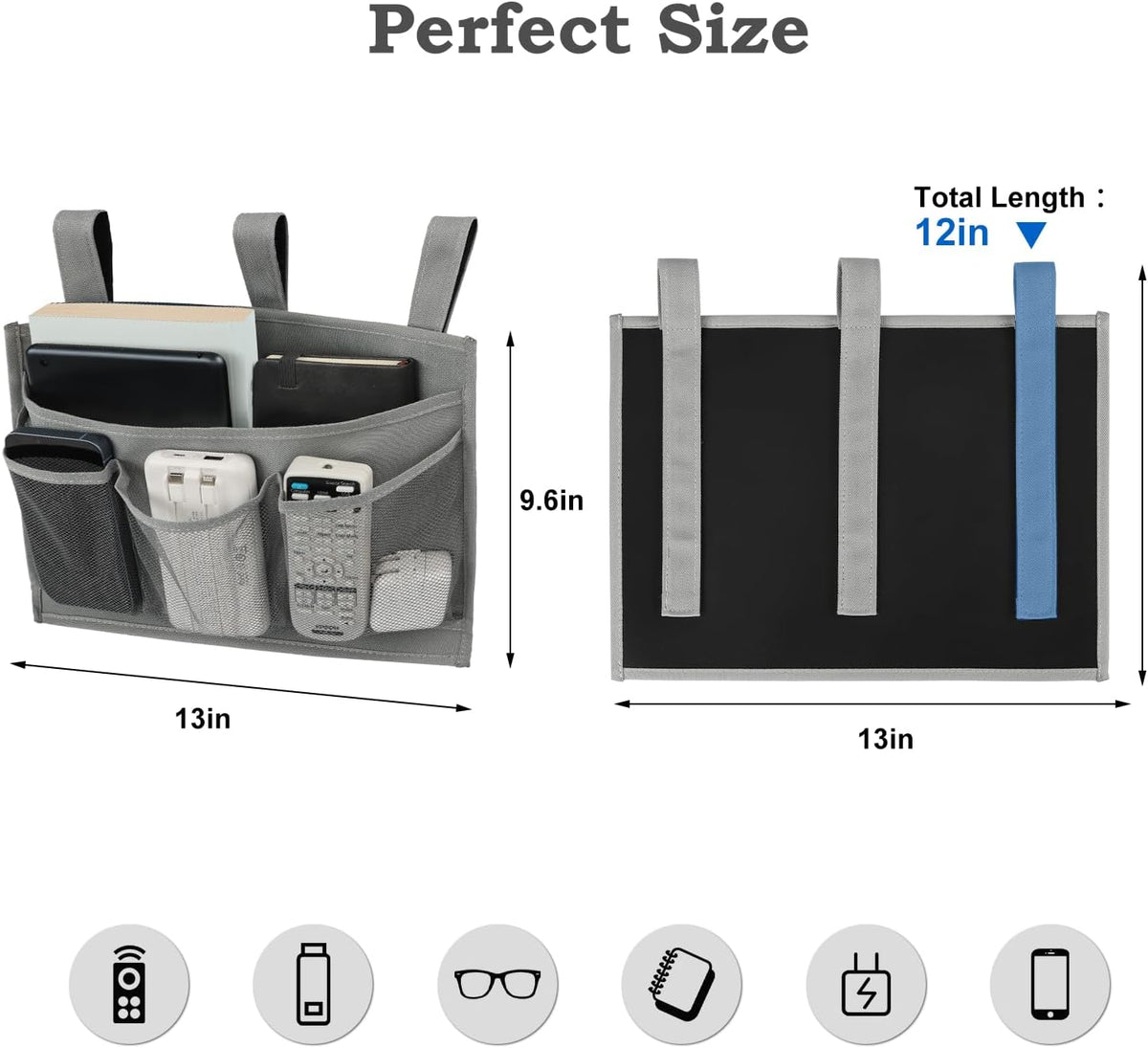 Surblue Bedside Caddy Bed Organizer Hanging Storage Bag for Hospital Beds Bunk Rooms Baby College Dorm Bed Rails Camp Wheelchairs,4 Pockets,Black