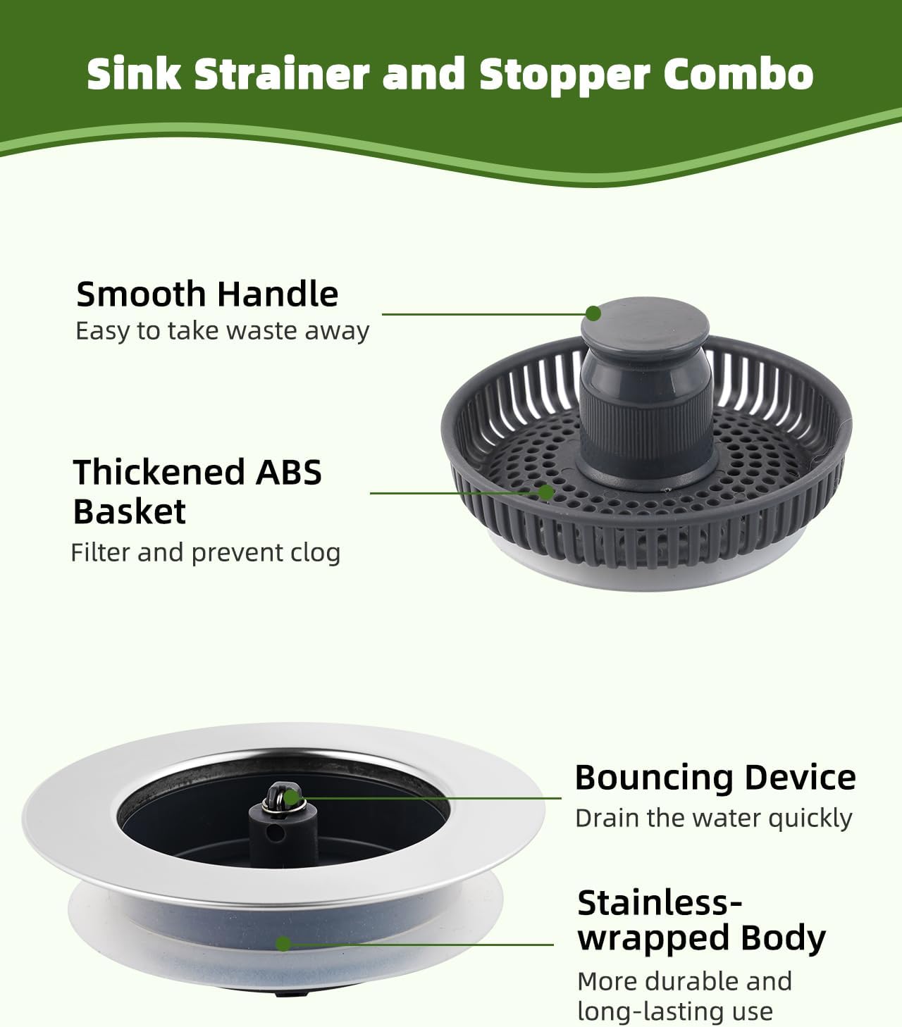 Universal 3 in 1 Kitchen Sink Drain Strainer Stopper Combo, Matte Black | Stainless Steel Shell Pop Up Sink Stopper for US Standard 3-1/2 inch Drain Filter, Anti-Clog and Easy Clean