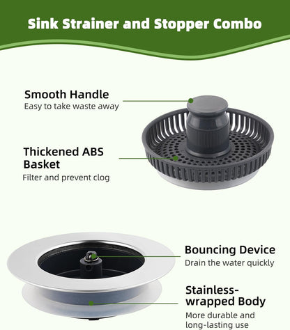 Universal 3 in 1 Kitchen Sink Drain Strainer Stopper Combo, Matte Black | Stainless Steel Shell Pop Up Sink Stopper for US Standard 3-1/2 inch Drain Filter, Anti-Clog and Easy Clean