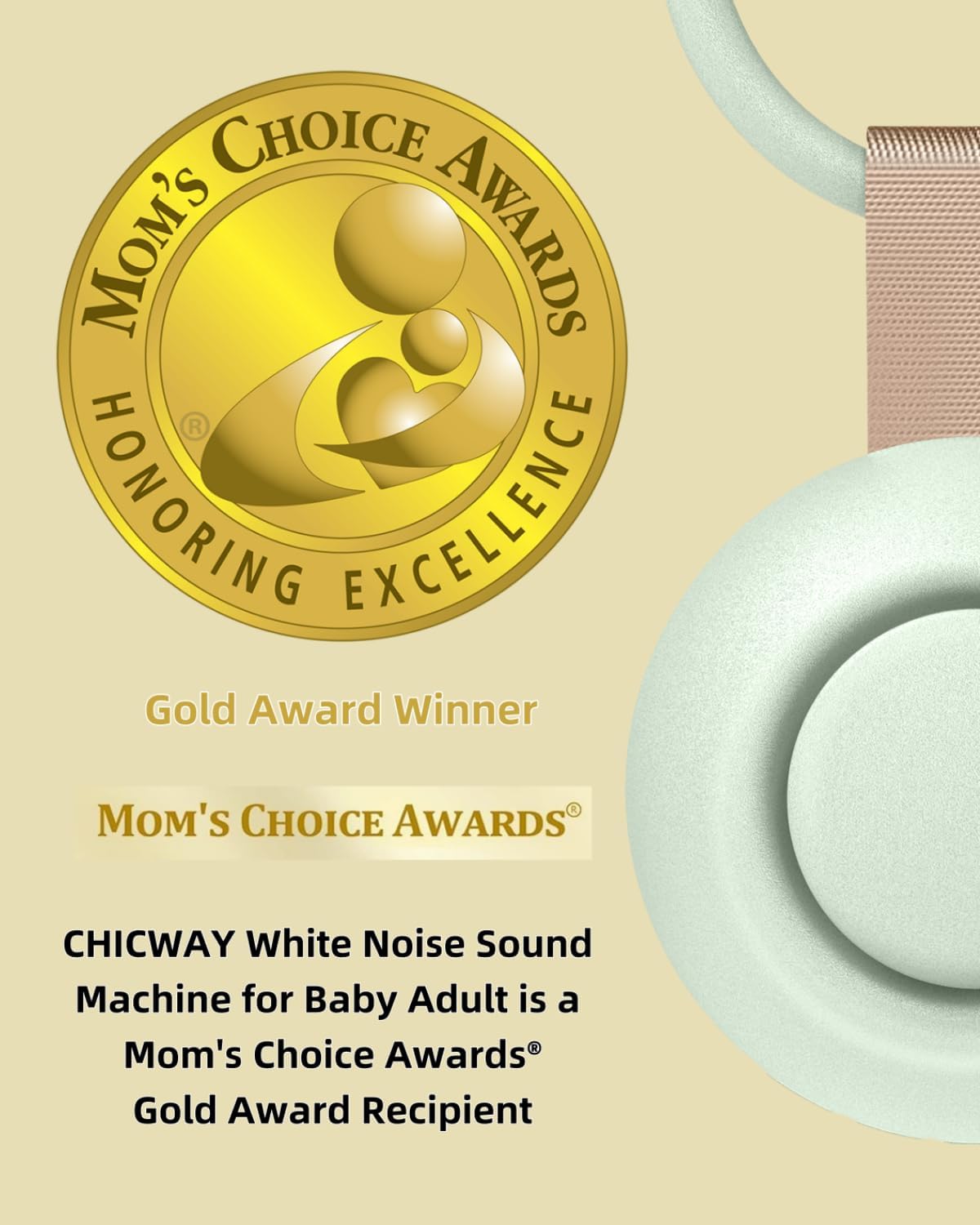 CHICWAY Portable Sound Machine with AI Cry Detection for Baby Adult, Gray | 2026 Mom's Choice Awards, 18 Soothing Sound, Bluetooth Rechargeable White Noise Machine for Home Office, Nursery Light