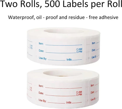 2 Rolls 1000 Labels Removable Food Labels, Waterproof Self-Adhesive Freezer Container Stickers for Kitchen Organization