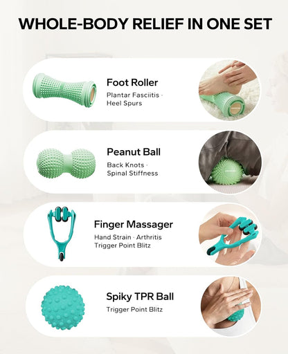 HAPBEAR Massage Ball Set 4 PC, Plantar Fasciitis Relief, with Storage Bag | Foot Roller, Peanut Ball, Spiky Release Balls, Finger Massager, Deep Tissue & Fascia Release Kit for Muscle Soreness Tension