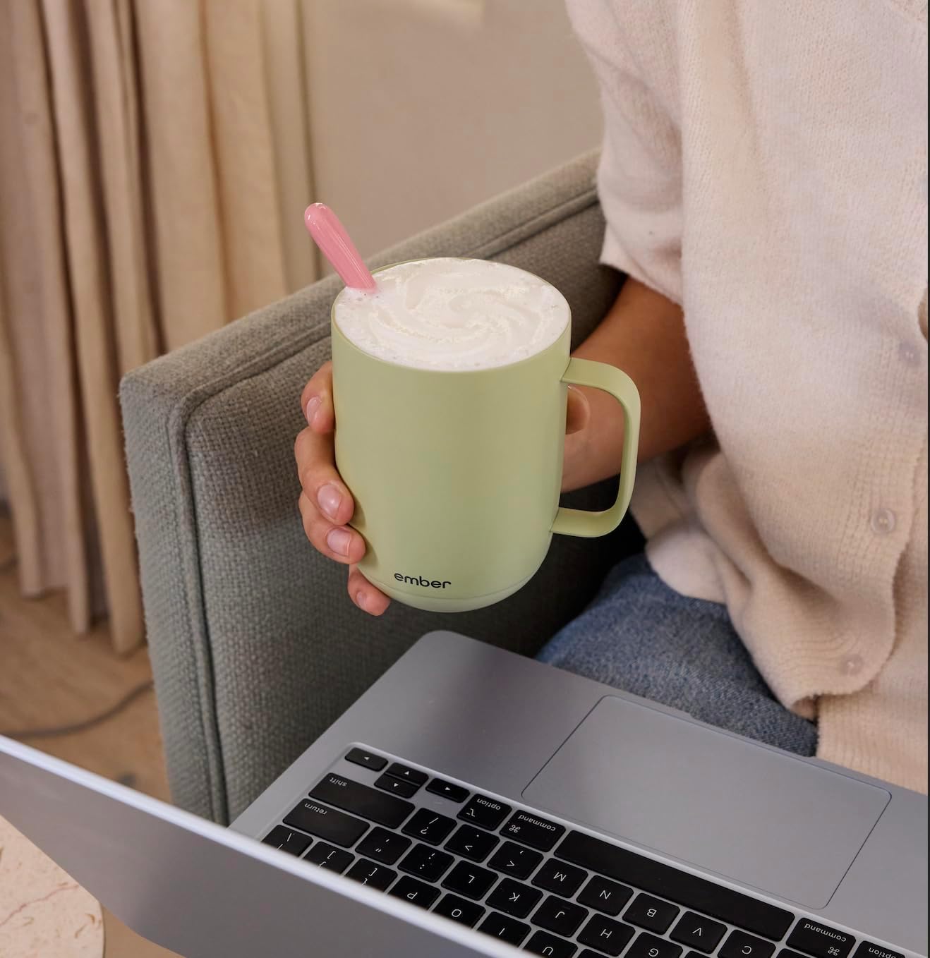 Ember Temperature Control 14oz Smart Mug 2, App-Controlled and Rechargeable Heated Coffee Cup Warmer with Intelligent LED Display, Sage Green.
