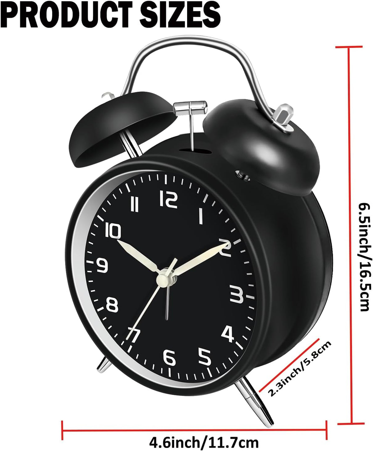4.5" Metal Loud Alarm Clock for Heavy Sleepers Adults, Analog Battery Operated Alarm Clock with Bells Glow in Dark Numbers, Silent Old School Bedside Desk Clock for Bedroom Office Kids, Black
