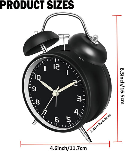 4.5" Metal Loud Alarm Clock for Heavy Sleepers Adults, Analog Battery Operated Alarm Clock with Bells Glow in Dark Numbers, Silent Old School Bedside Desk Clock for Bedroom Office Kids, Black