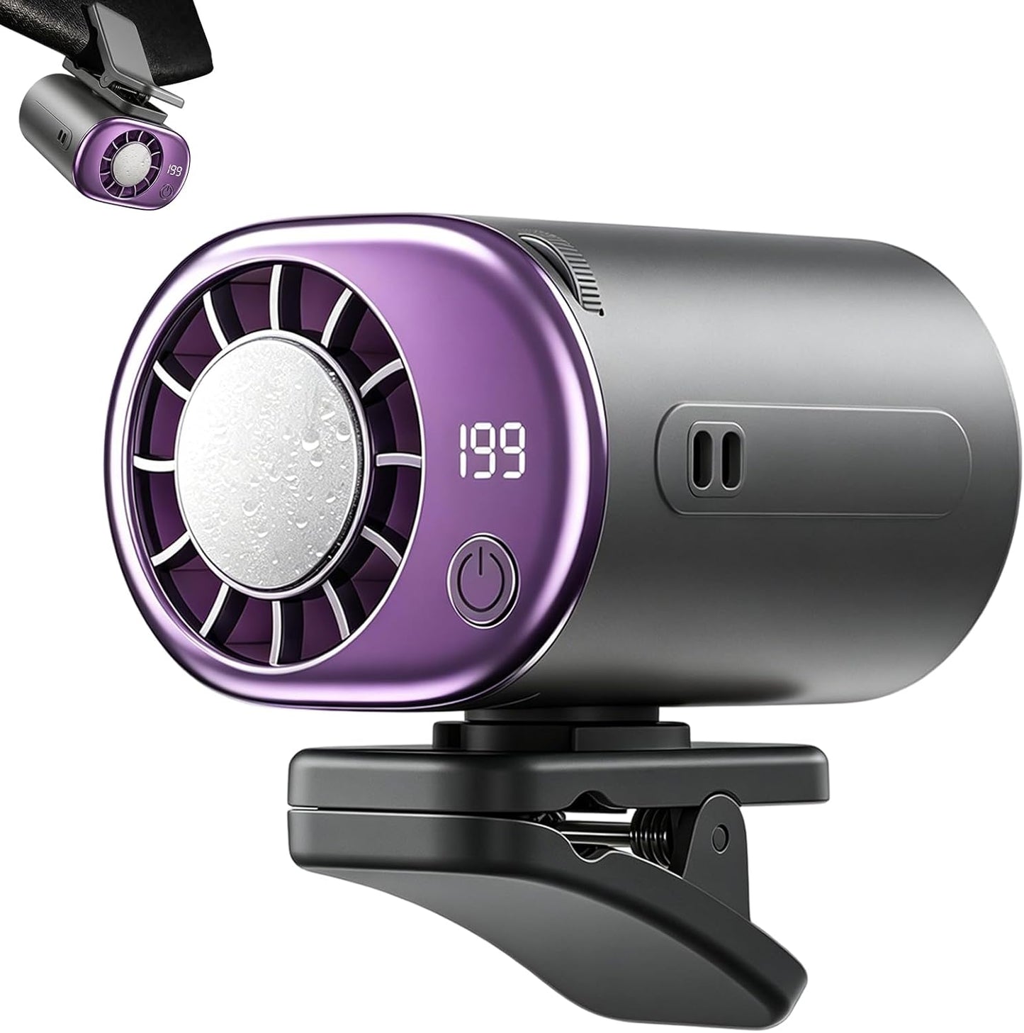 Car Clip on Air Conditioner Fan with Display,Portable Mini Cooling System for Auto Vehicle,Hands-Free Clip on Air Conditioner Fan,360° Rotation Portable Mini Fan with 199 Speeds Cars,Work,Out-Purple