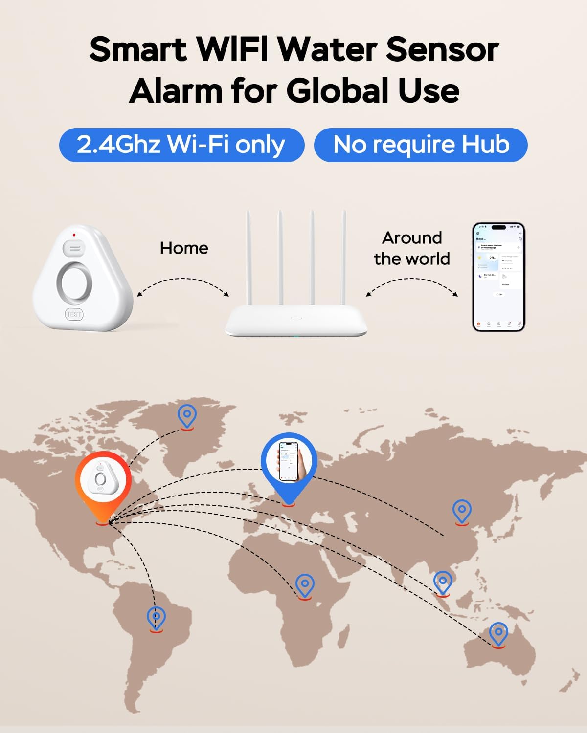 Water Alarm Leak Detector,Water Leak Detectors for Home with App Alerts,Water Sensor Alarm Leak Detector with 120db Adjustable,500ft Transmission for Basement,Bathroom,No Hub Required (Support 2.4G)