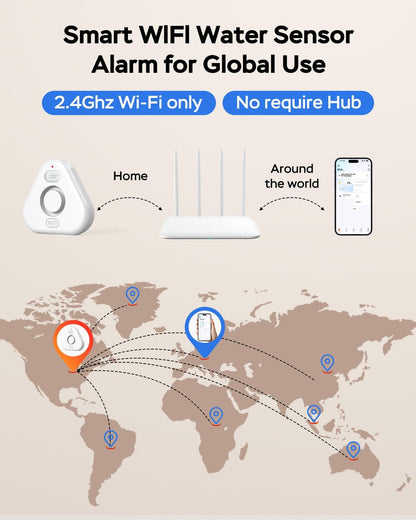 Water Alarm Leak Detector,Water Leak Detectors for Home with App Alerts,Water Sensor Alarm Leak Detector with 120db Adjustable,500ft Transmission for Basement,Bathroom,No Hub Required (Support 2.4G)