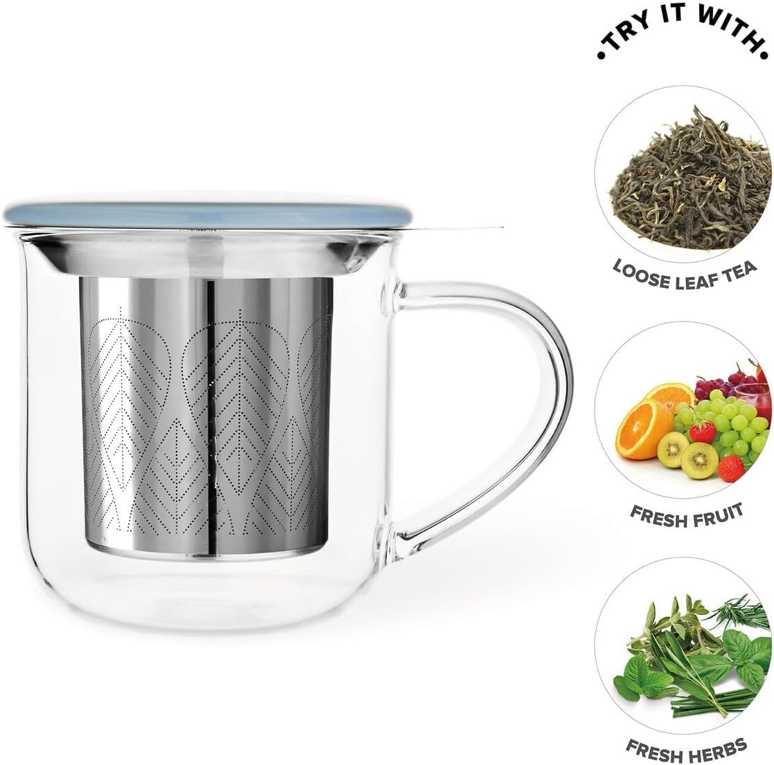 VIVA Minima Balance Glass Tea Cup with Infuser and Lid, 17oz, Clear Bamboo