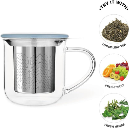 VIVA Minima Balance Glass Tea Cup with Infuser and Lid, 17oz, Clear Bamboo