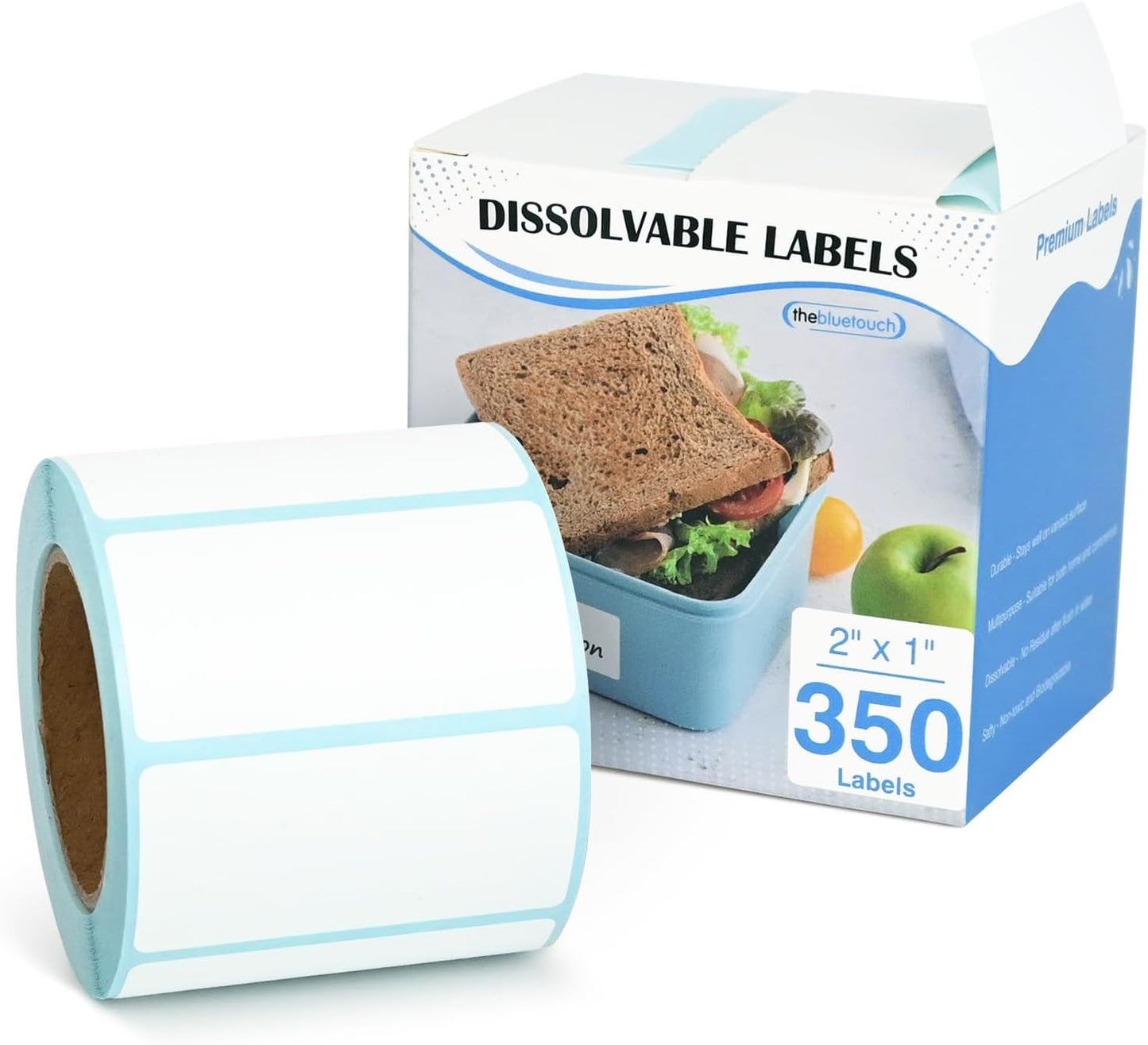 THEBLUETOUCH 350（1 Rolls） Dissolvable Food Labels with Dispenser, 1" x 2" | BPA-Free Water Dissolving Labels, No Residue, Ideal for Freezer Meal Prep Containers, Glass Jars & Storage Bags