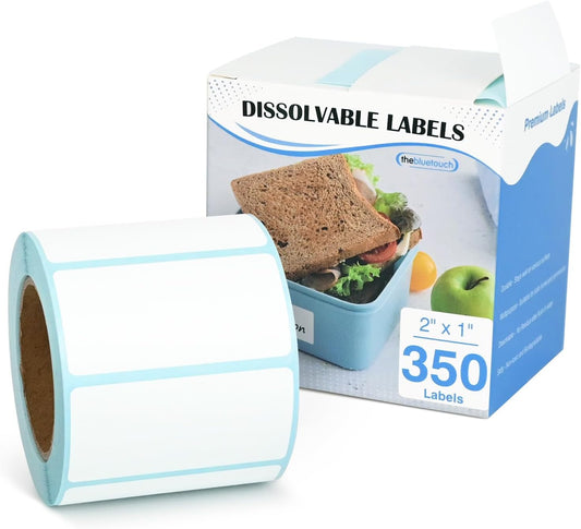 THEBLUETOUCH 350（1 Rolls） Dissolvable Food Labels with Dispenser, 1" x 2" | BPA-Free Water Dissolving Labels, No Residue, Ideal for Freezer Meal Prep Containers, Glass Jars & Storage Bags