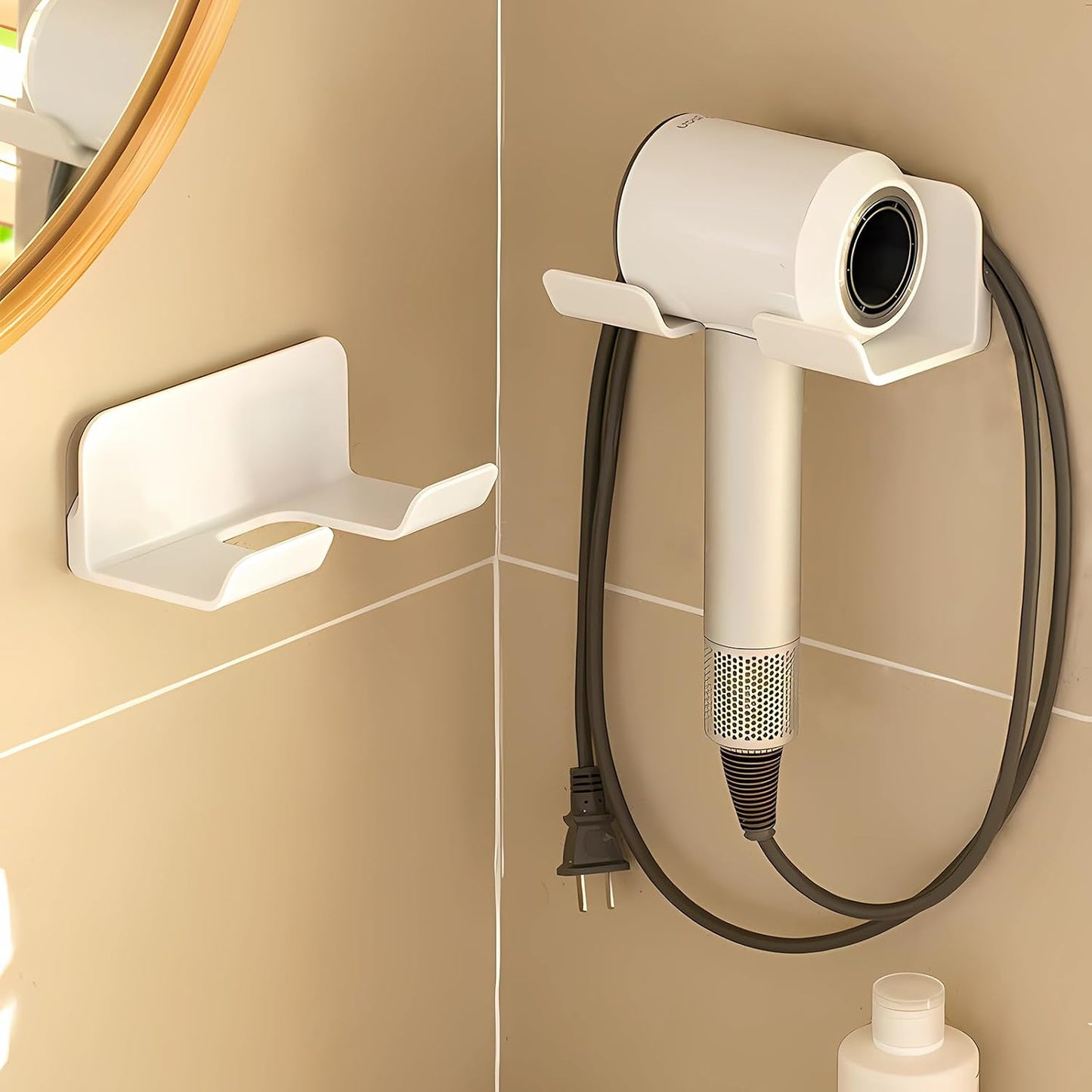 Universal Hair Dryer Holder, Self Adhesive Wall Mount, White | Universal storage rack fits most brand blow dryers, ideal for bathroom organization