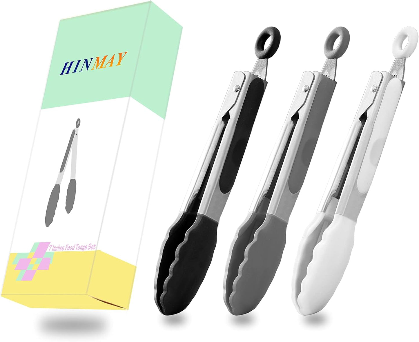 HINMAY Mini Tongs with Silicone Tips 7-Inch Serving Tongs, Set of 3 (Red Blue Green)
