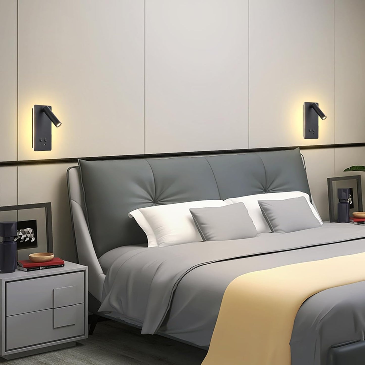 MOLUOLA LED Wall Lamp Wall Mounted Reading Lights, Adjustable Headboard Plug in Wall Sconce with USB C+A Ports, Headboard Bedside Lamp with 9W+3W Night Light 3000K (White)