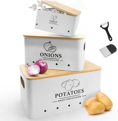 Kitchen Vegetable Storage Set of 3, Metal Onion Garlic Potato Storage Set, Kitchen Canisters Vegetable Keeper Containers with Aerating Holes and Bamboo Lid,Black