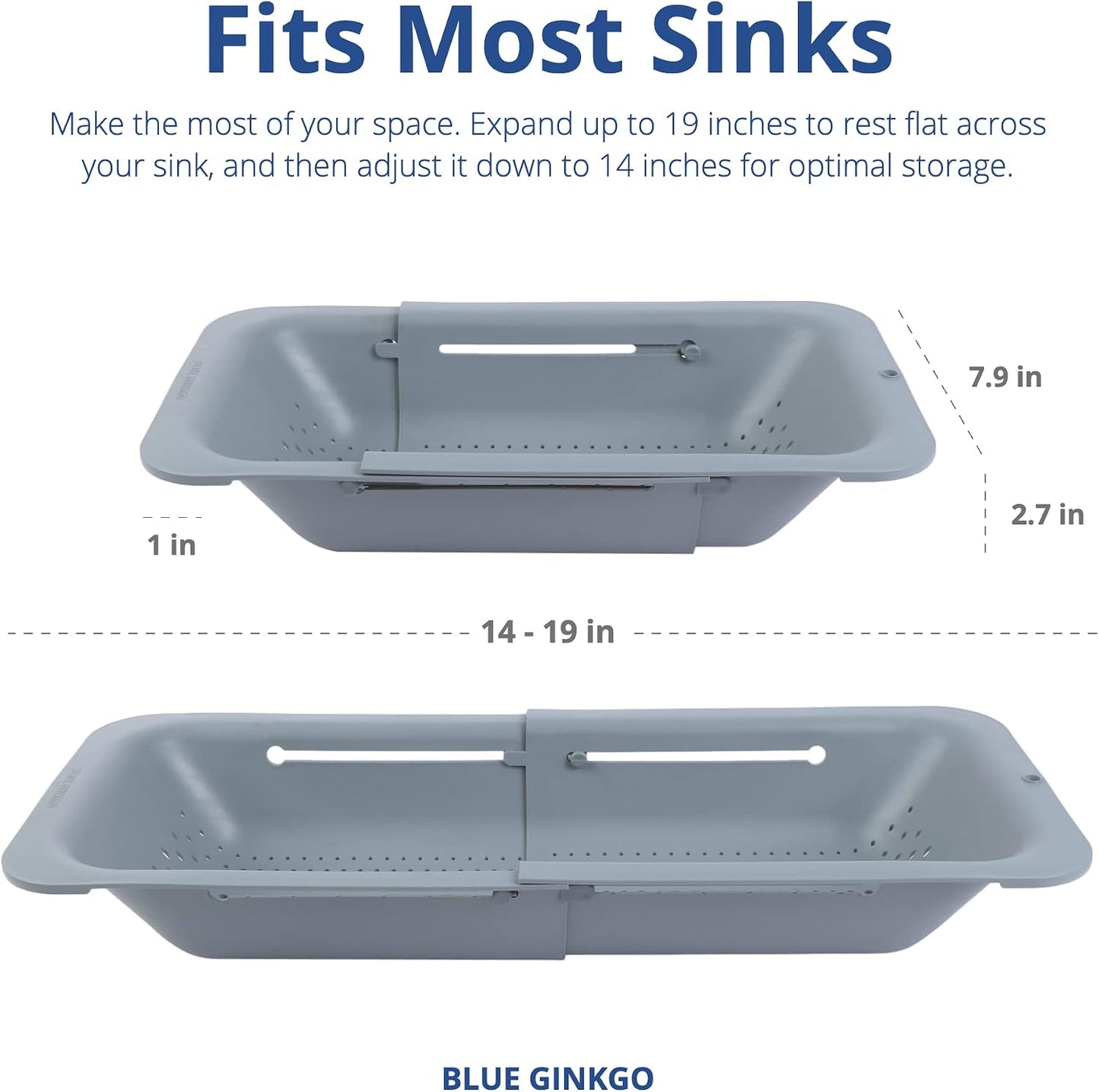 Blue Ginkgo Over Sink Colander, Extendable Kitchen Strainer, Grey | Fits Most Sinks. Rinse, Drain and Dry with Ease.