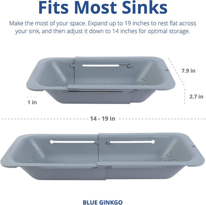 Blue Ginkgo Over Sink Colander, Extendable Kitchen Strainer, Grey | Fits Most Sinks. Rinse, Drain and Dry with Ease.