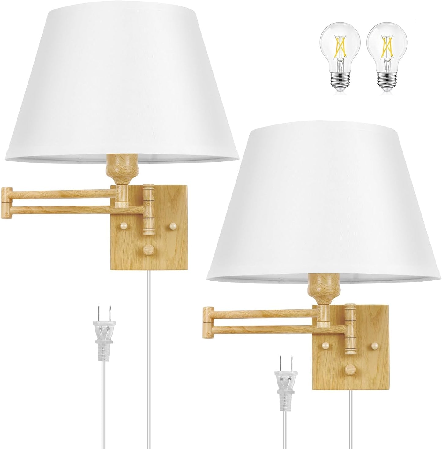 TRLIFE Wall Sconce Plug in, Dimmable Wall Sconces Set of Two Swing Arm Wall Lights with Plug in Cord and On/Off Dimmer Rotary Switch, 9.4" Medium Beige Fabric Shade(2 Pack, 2 Bulbs)