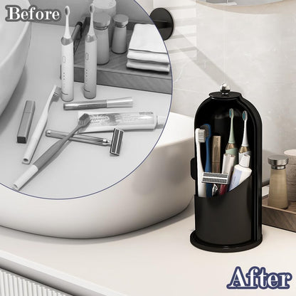 Toothbrush and Toothpaste Holders with Cover, Grey White | Waterproof and Dustproof, 360° Rotating Base, Smooth Sliding Door, 3 Slots, for Bathroom Countertop