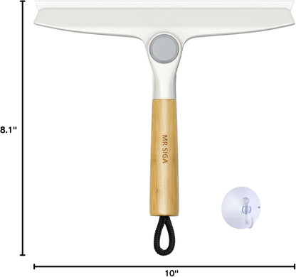 MR.SIGA Silicone Squeegee for Shower Door, Mirror, Glass, 10 inch, White | Streak free shower squeegee for windows, showers and glass surfaces, pivoting bamboo handle, includes 1 suction hook