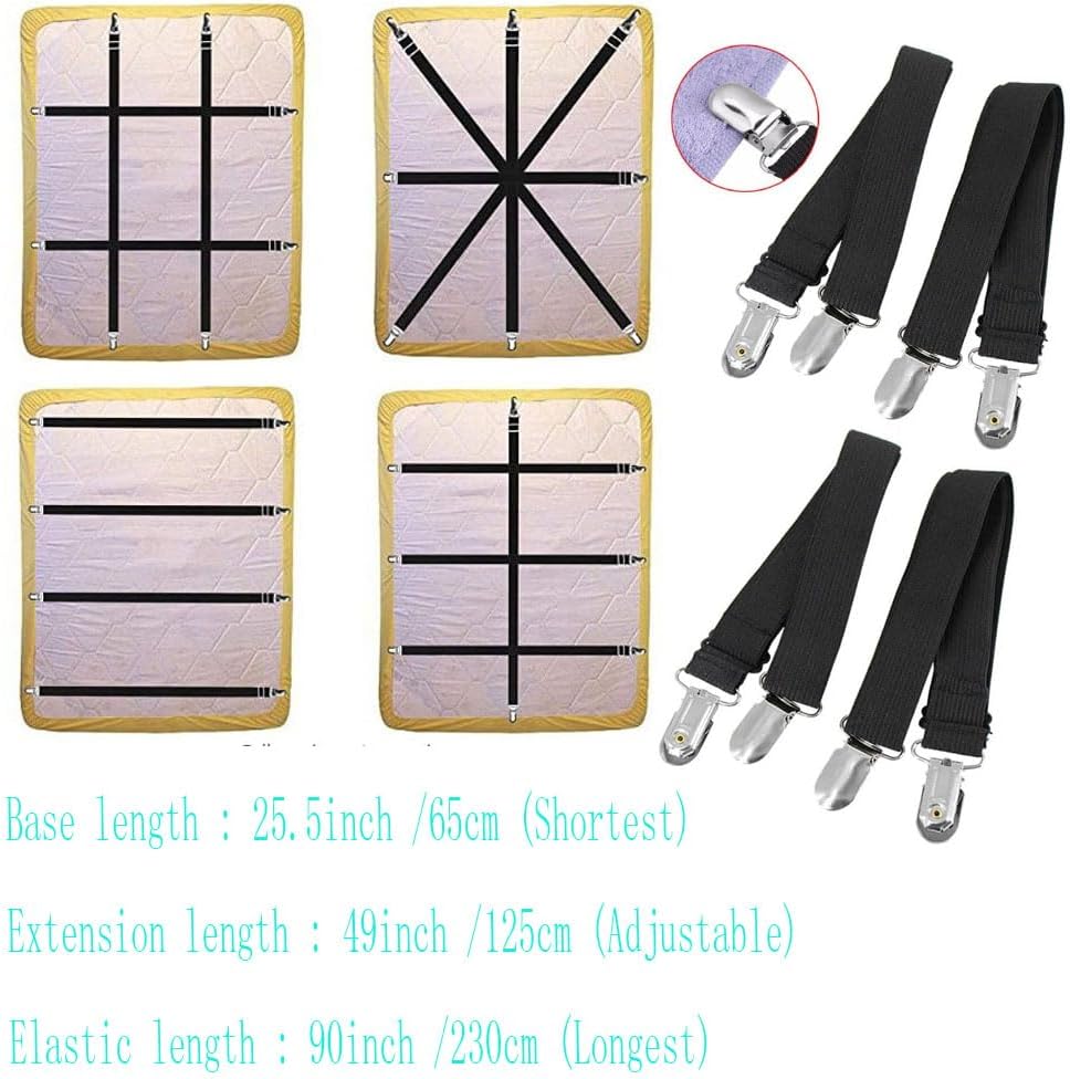 Sheet Straps for Queen Size Bed, Bed Sheet Clips Fasteners and Suspenders, Elastic 27 to 90 Inch Bed Sheet Holder Straps for King Twin Bed, Sofa Mattress Cover Tablecloth, 4Pcs (White)