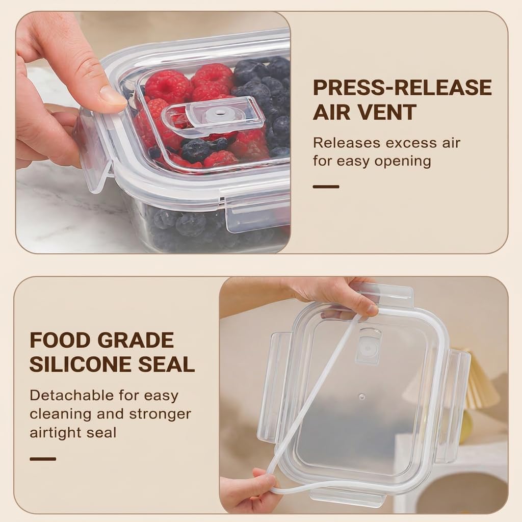 Glass Berry Container for Fridge, 3 Pack, 56oz 35oz 25oz, with Removable Colander and Vent Valve, Fresh Produce Storage Set(White)
