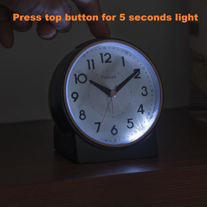 Tinload 4.3" No Ticking Analog Alarm Clock,Silent Readable for Seniors,Easy to Set,Gradual Rise Alarm,Big Numbers,On/Off Switch on Side,Gentle Wake,Snooze,Lighted on Demand,Battery Operated,Black